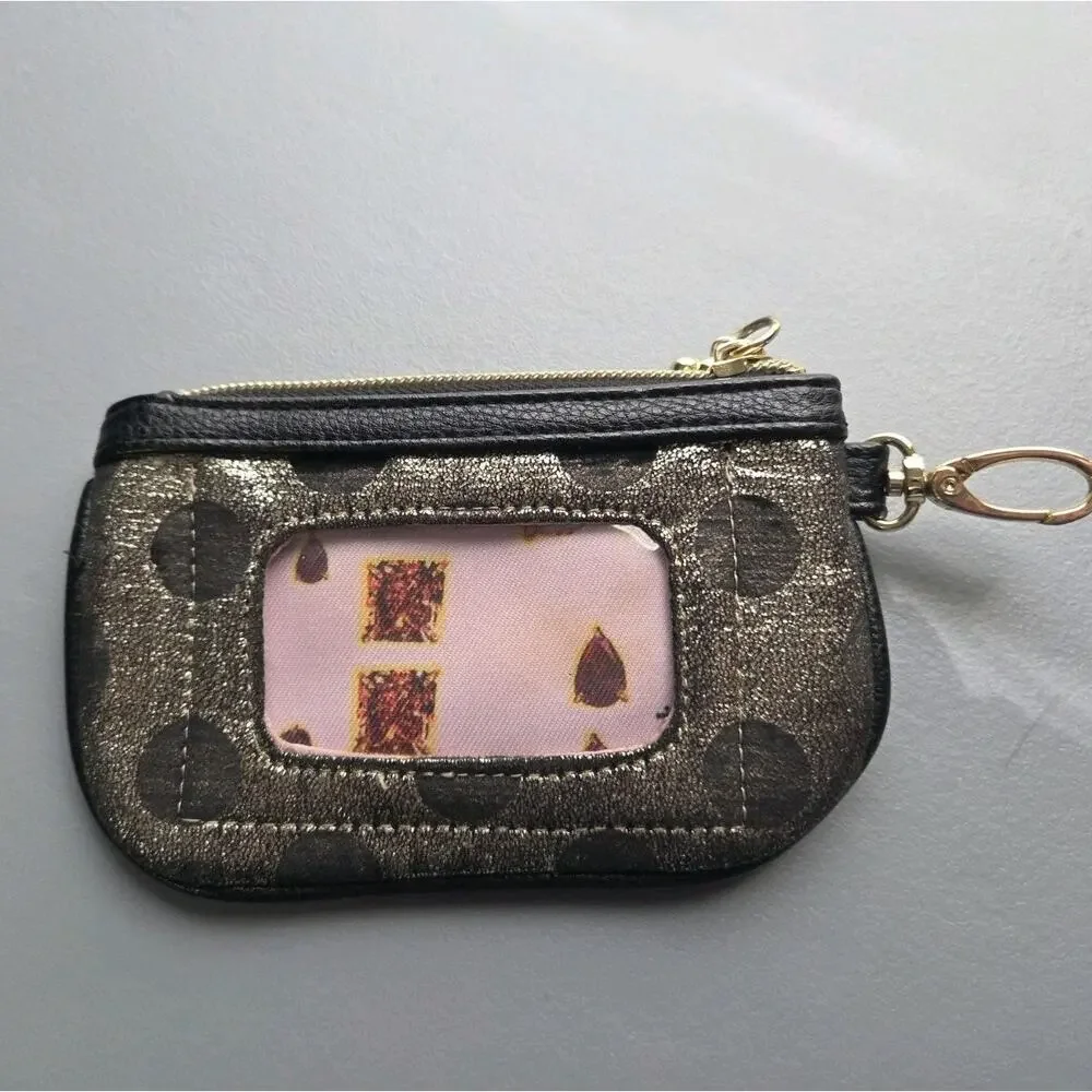 Betsey Johnson Wristlet Wallet Black and Gold Polka Dot Metallic‎ ID Window